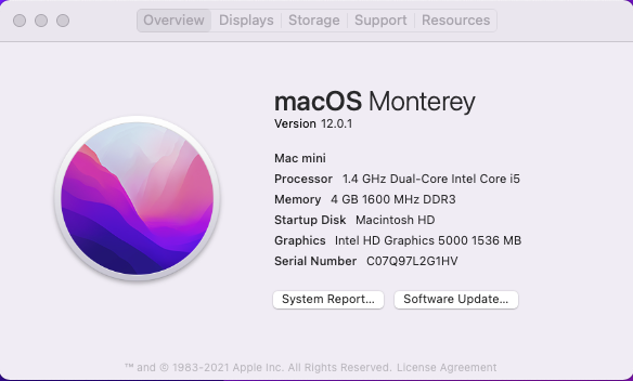 Apple Mac Mini MGEM2LL/A - Intel i5 / 4GB Ram / 256GB M.2 & 500GB HDD  / OS Monterey