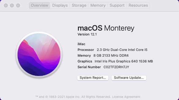 21.5" iMac MMQA2LL/A Intel Core i5 / 8GB Ram / 1TB HDD / OS Monterey